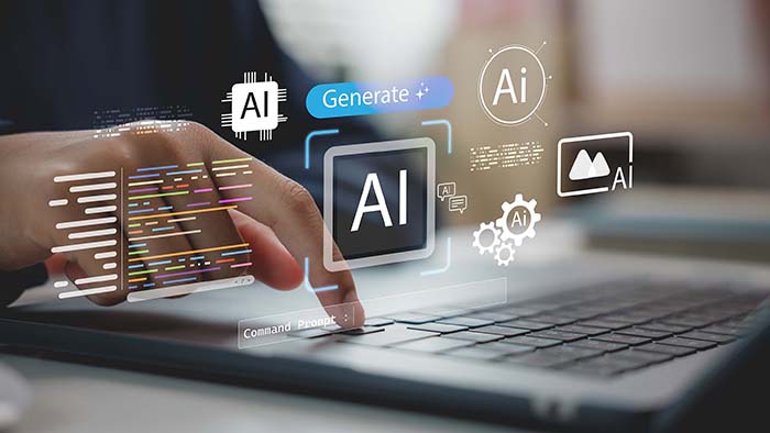 Virtual icons, including one that says "AI" hover above an open laptop keyboard.