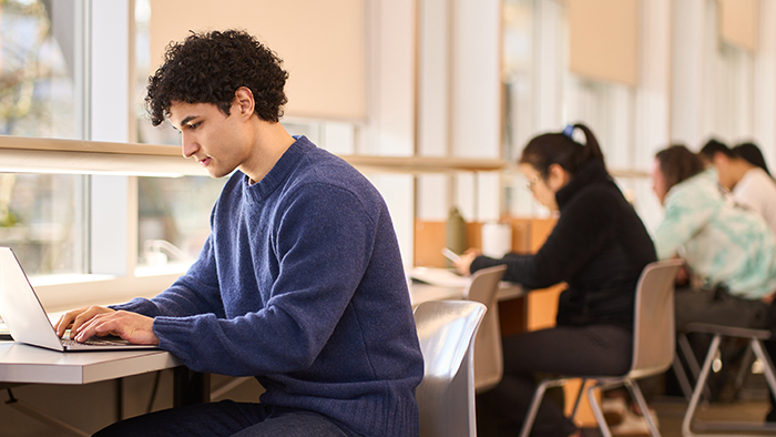 Students working on laptops in a library