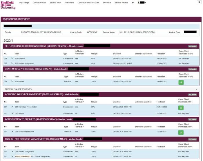 An example assessment statement showing upcoming assessment names and due dates, as well as past results.