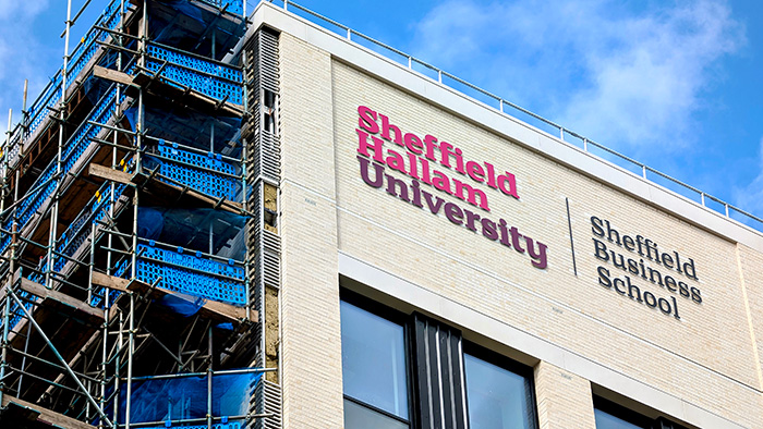 A Sheffield Hallam University building, with scaffolding against one side.