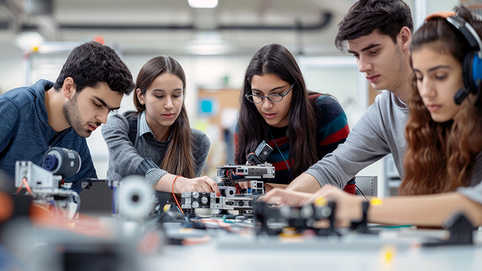 A group of students working around an unknown disassembled device.