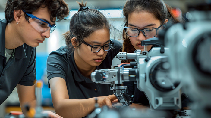 Three students examining a motor