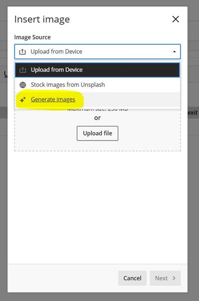 Generate images in Blackboard using the integrated UnSplash tool.