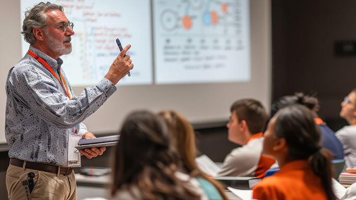 A lecturer teaching in front of a class