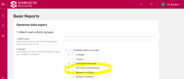 Screenshot of the Elements system showing a report