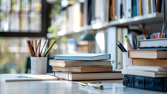 A tidy collection of books, journals and notebooks on a desk.