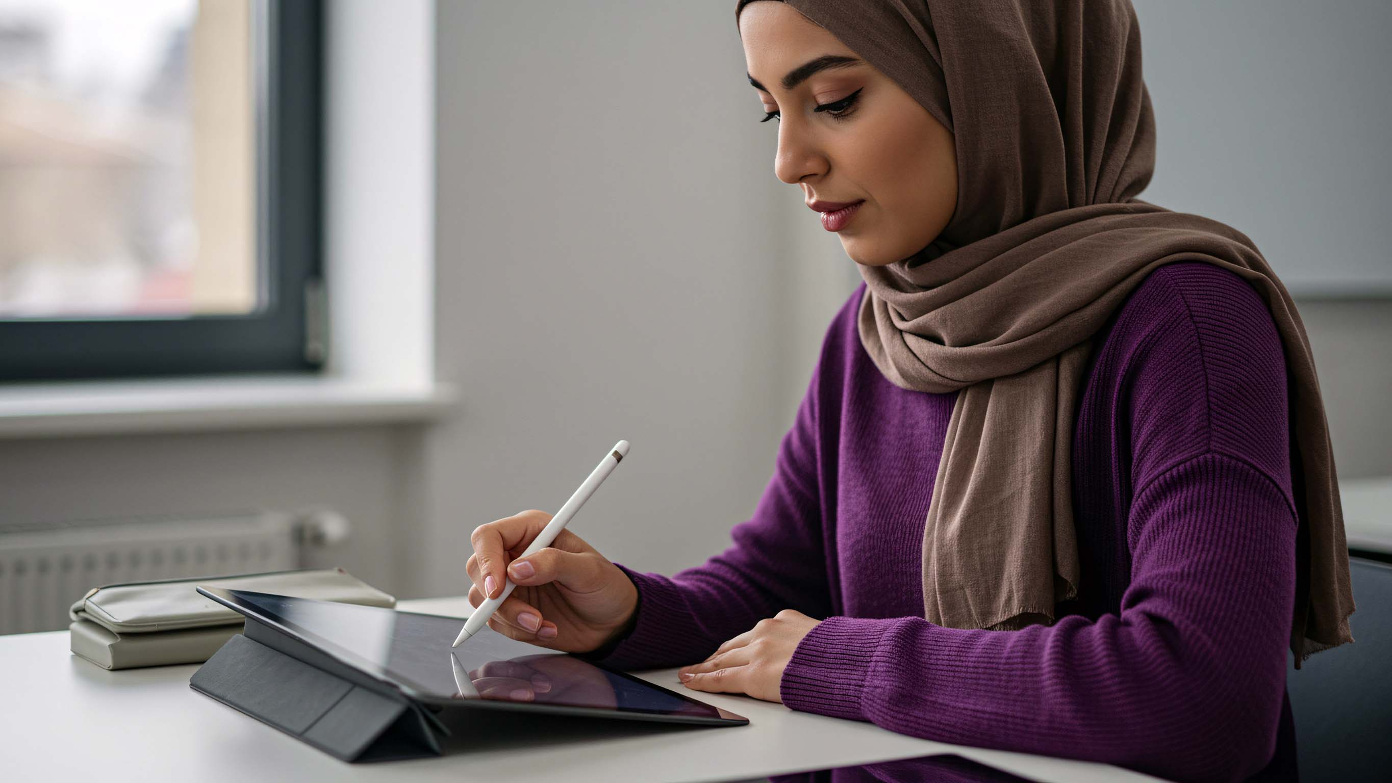 A student is working peacfully, using a digital stylus and ipad