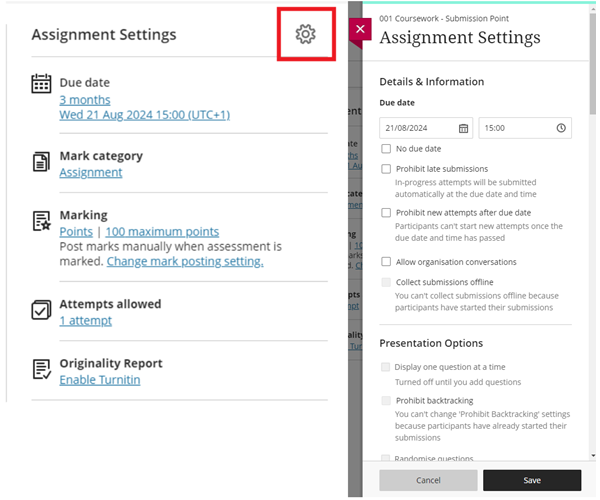 Screenshot of assignment settings