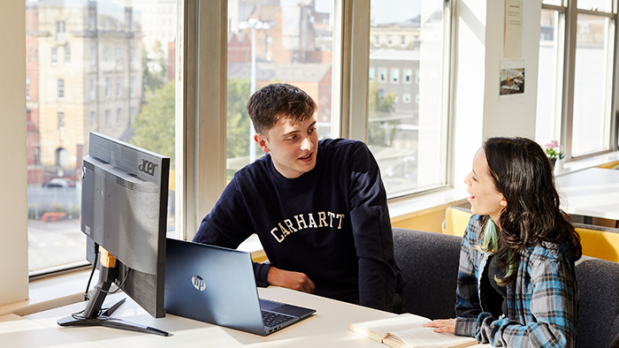 Two young adults working at a laptop, and looking askance at each other.