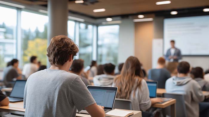 a student, viewed from behind is concentrating in a busy lesson