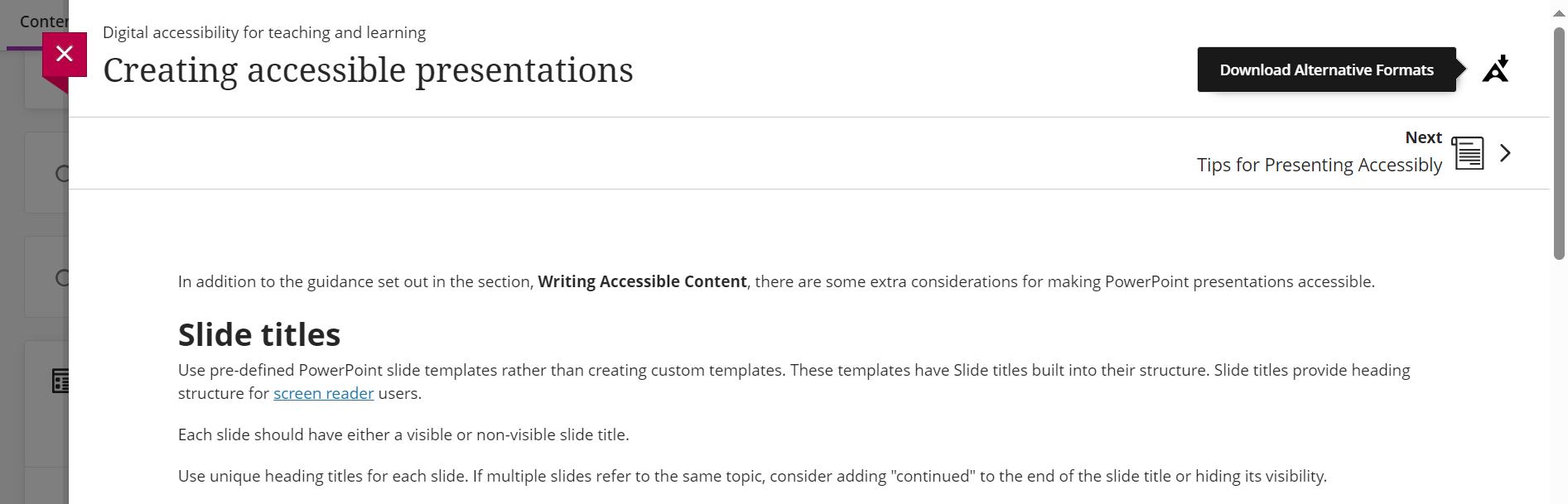Alternative formats icon location