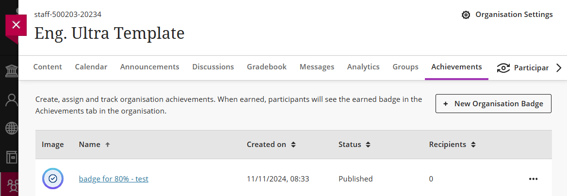 achievement badges page in instructor view