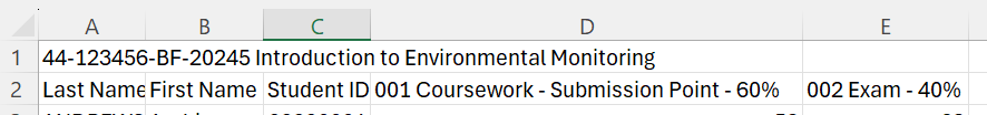 Example marks spreadsheet