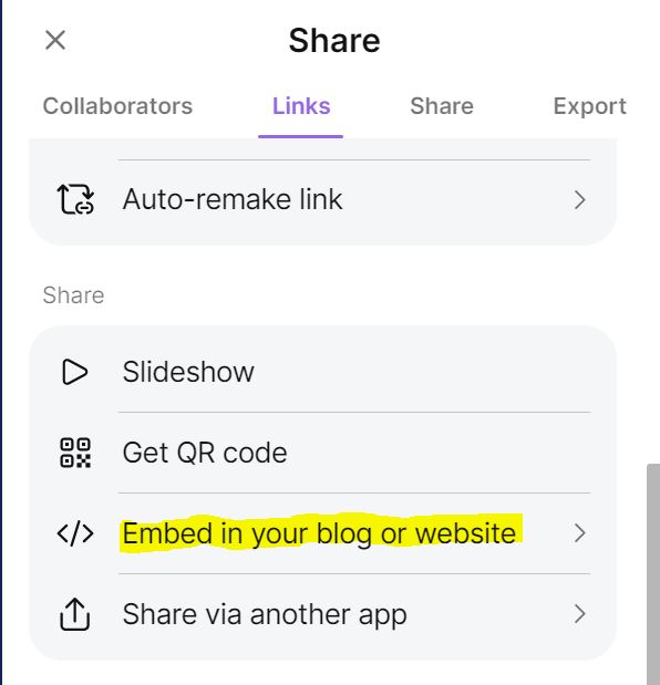 screenshot of padlet share settings