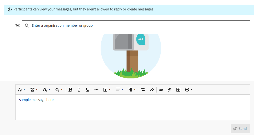 Screenshot of the messages tool, with a to bar at the top then a space to write a message and a send button