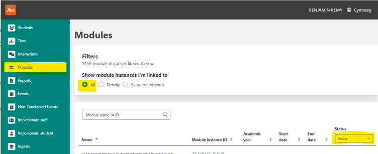 A screenshot of the Modules page, highlighting to check the active filter is not on