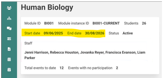 A screenshot showing the start and end date of a module in Jisc Learning Analytics