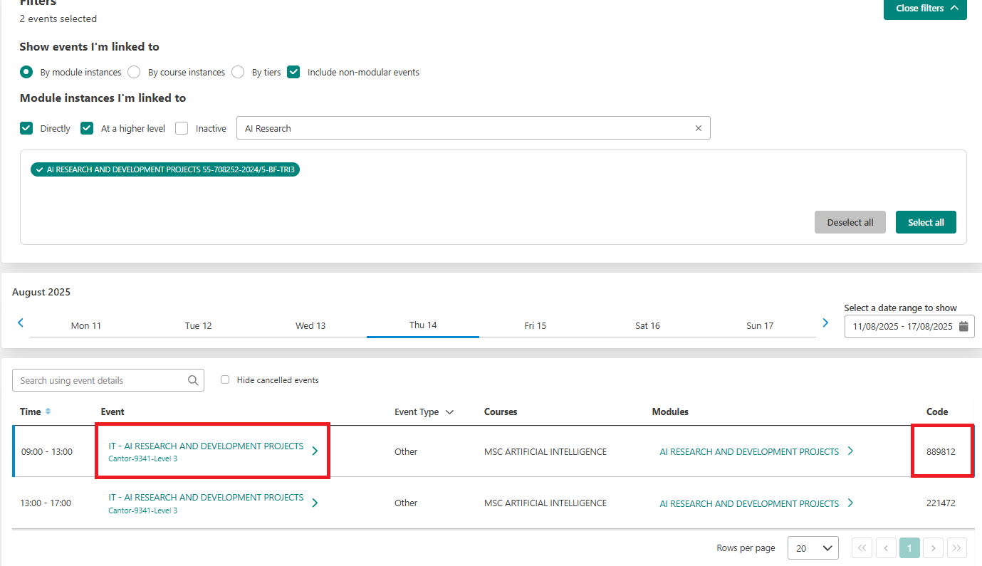 Screenshot of Event Page with Event name and Event code outlined.