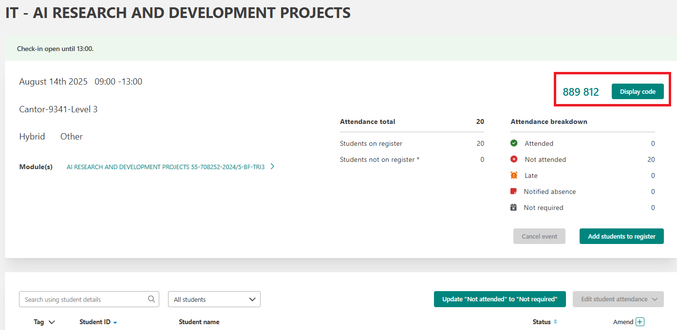 Screenshot of Event Code outlined on register page.