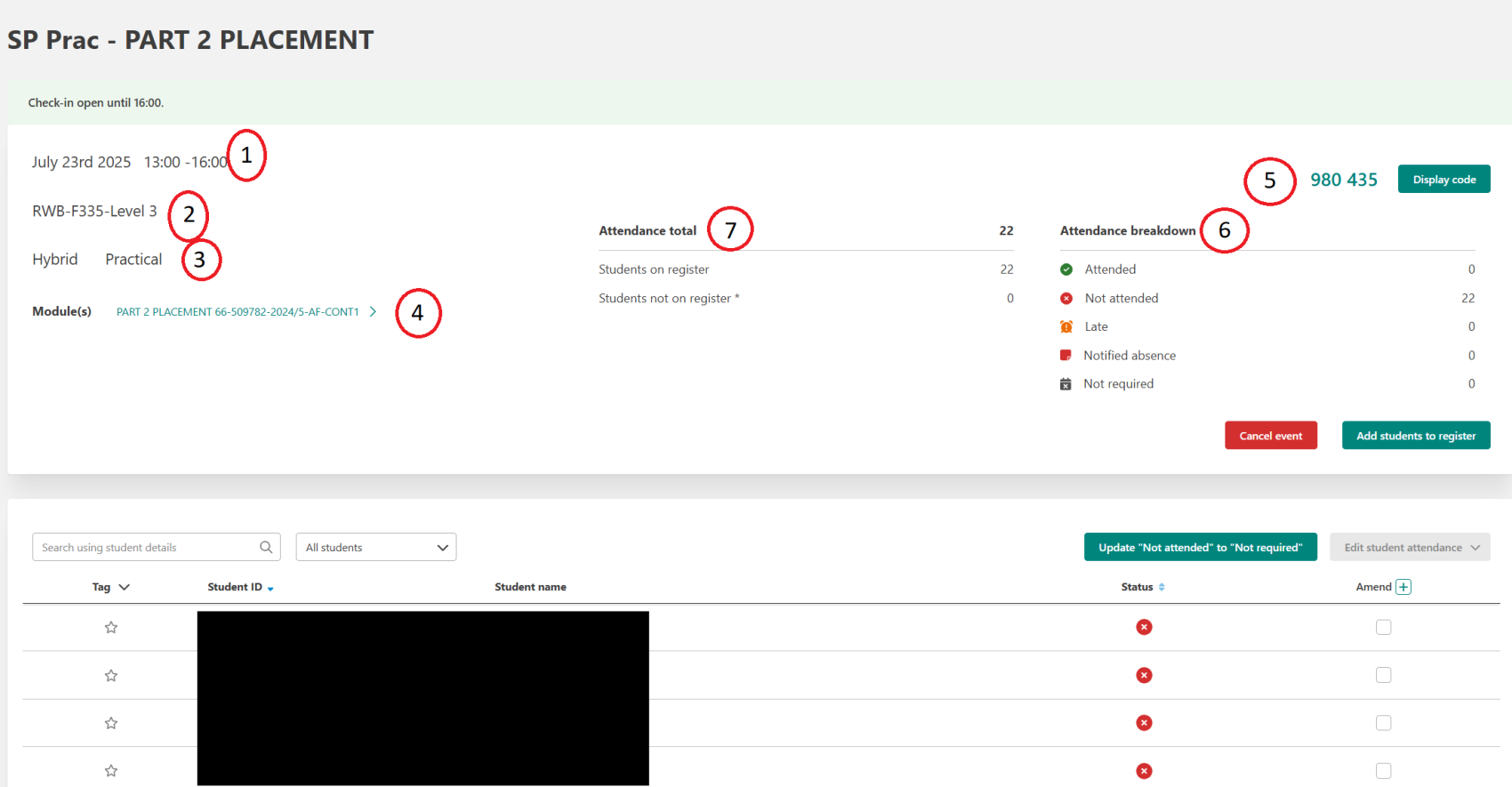 A screenshot of the event page in Jisc learning analytics with important aspects highlighted.