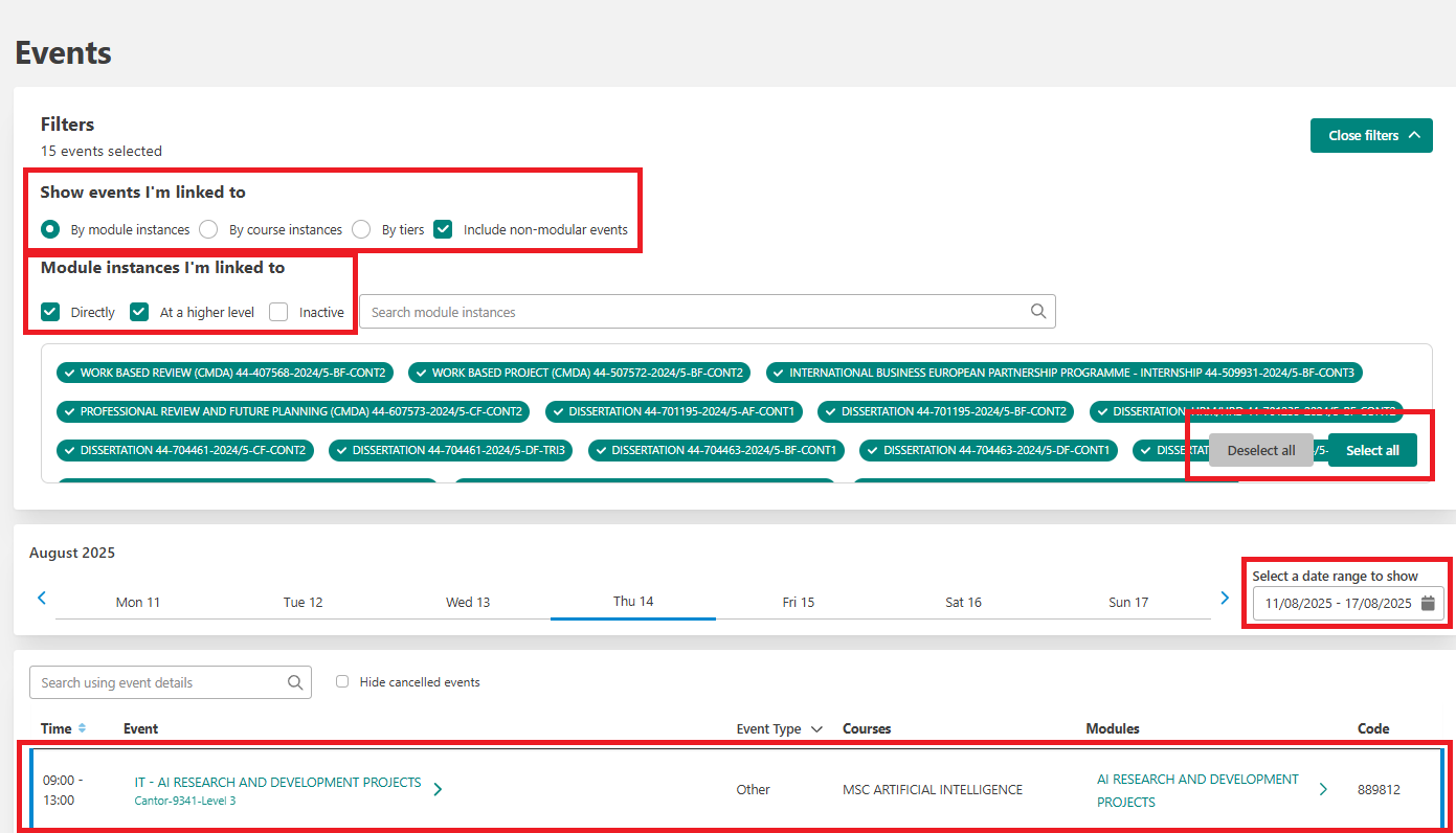 Screenshot of the Events page with selected details outlined. 