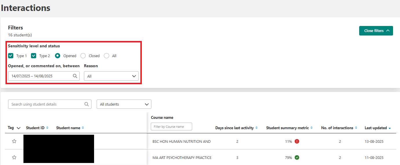 Screenshot of interactions tab with filters outlined.