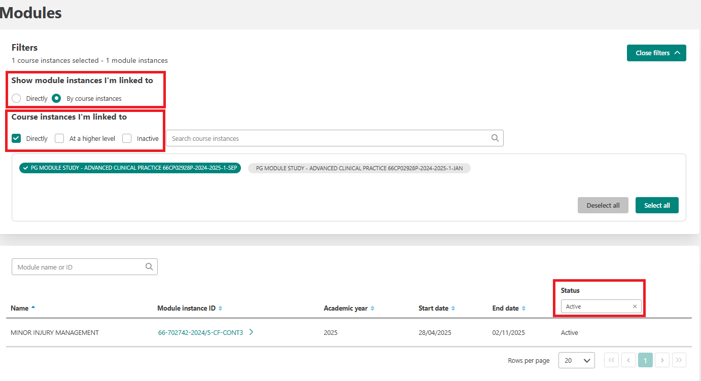 A screenshot of Modules overview page with courses outlined. 
