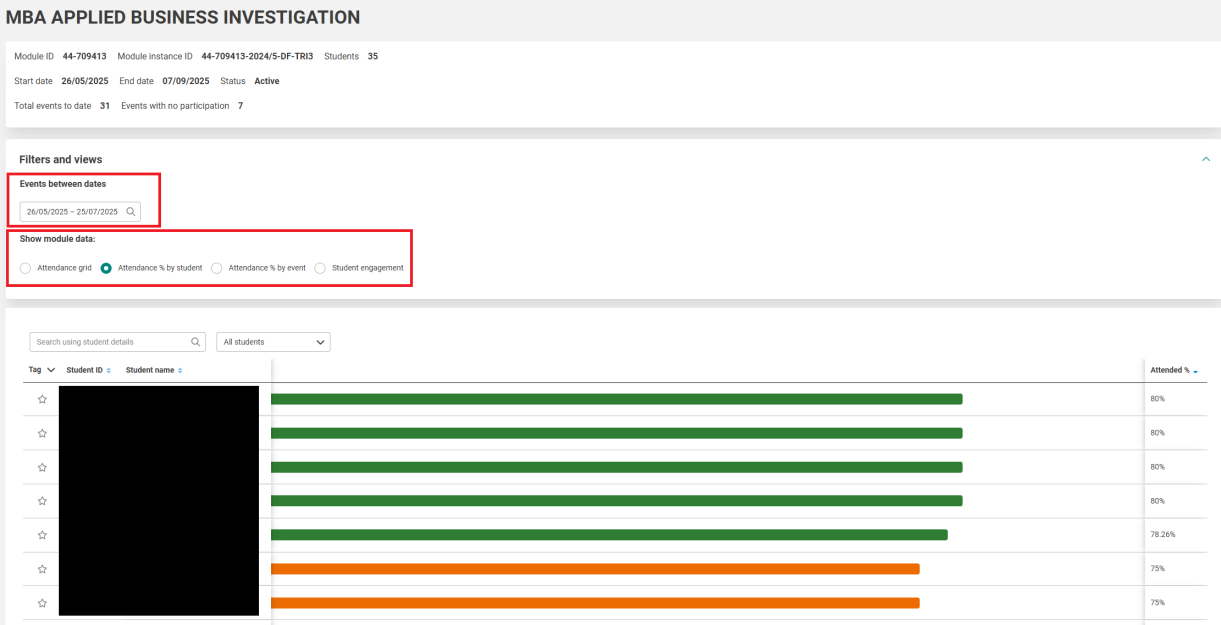 A screenshot of the attendance percentage by student on module page.