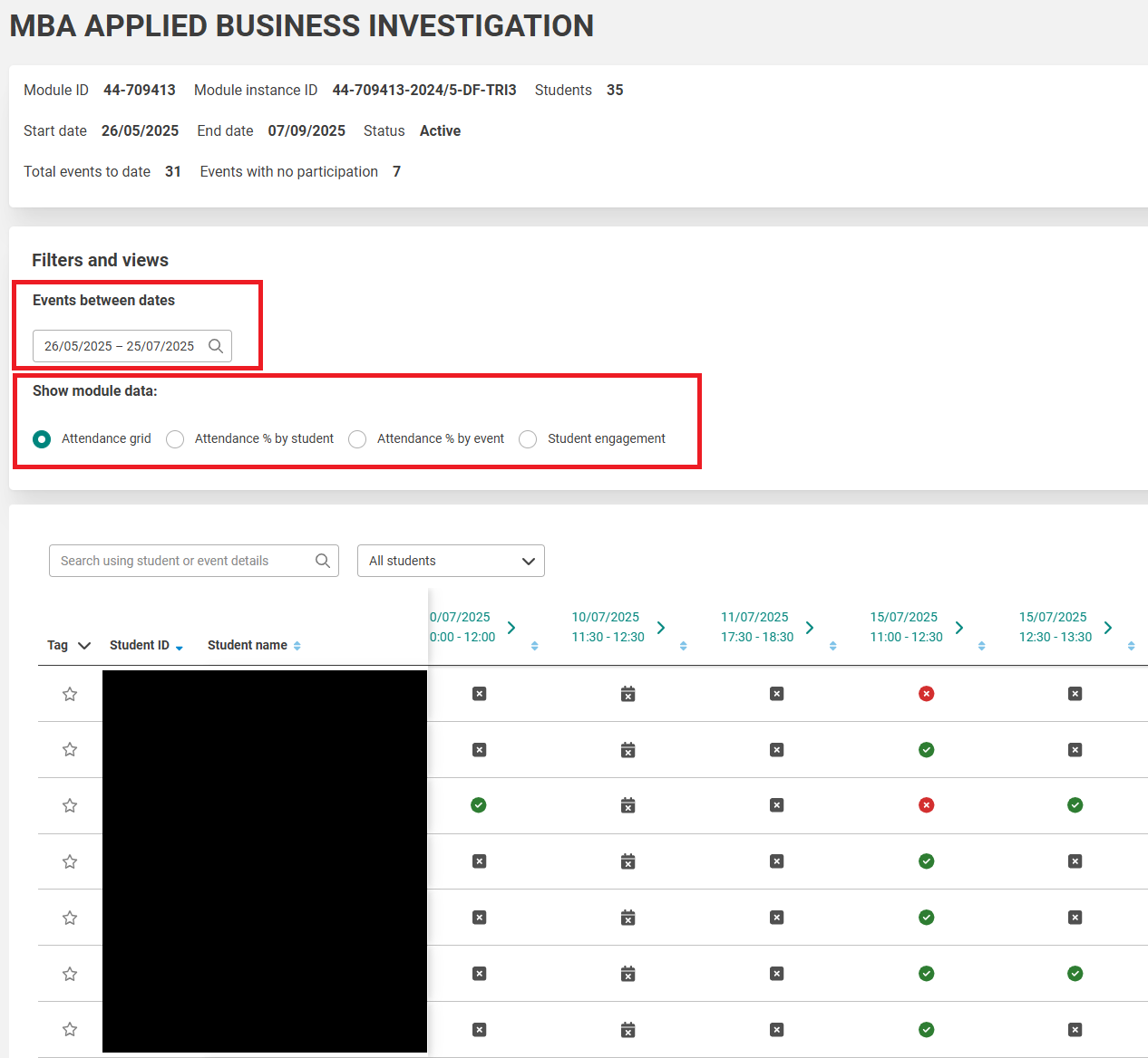 A screenshot of the attendance grid on module page with date filter highlighted.