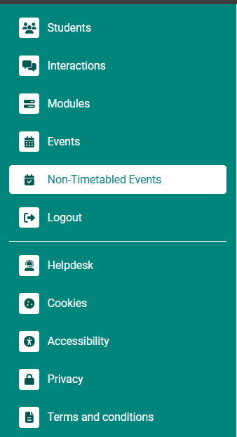 Screenshot of side menu with Non Timetabled Events outlined