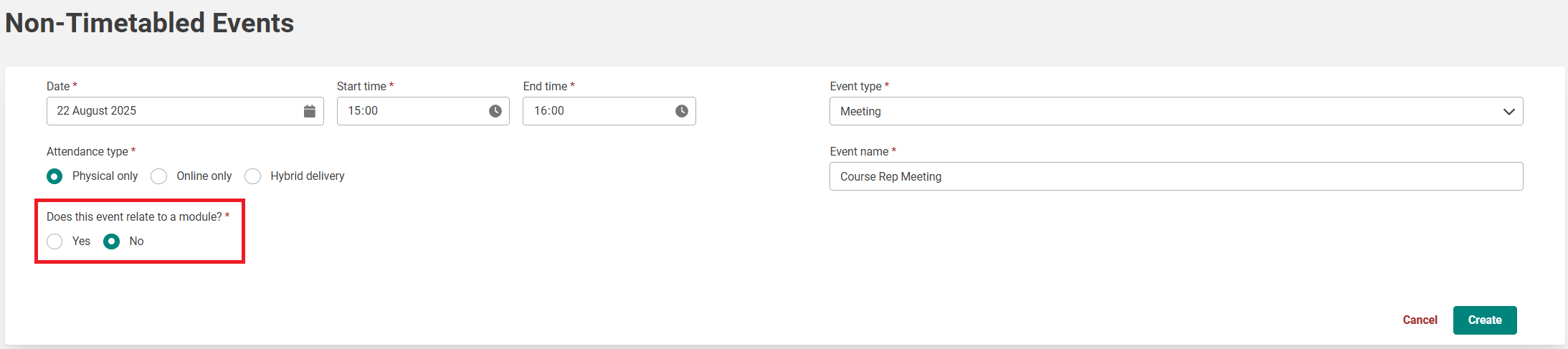 A screenshot of Non Timetabled Event register for a non modular event