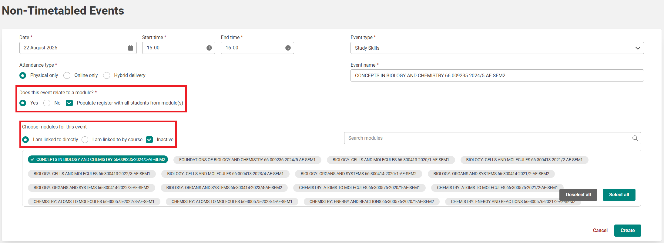 A screenshot showing how to create a Non Timetabled event register for a module
