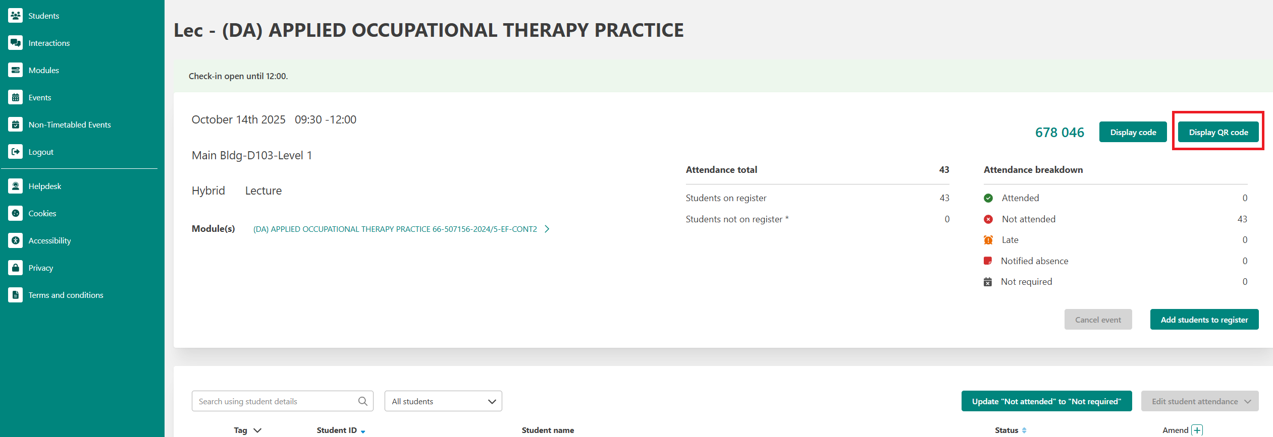 A screenshot of a register with the Display QR Code outlined in red.