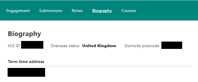 Screenshot of student biography.