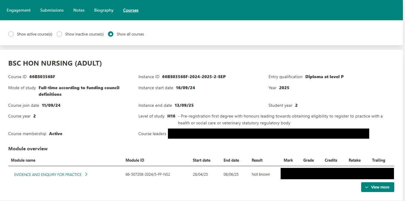 Screenshot of student courses.