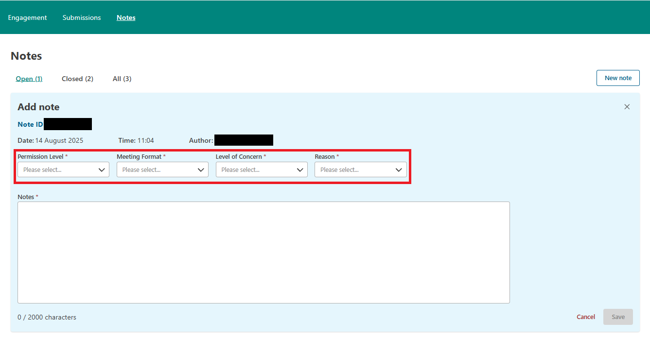 A screenshot of new note for individual student.