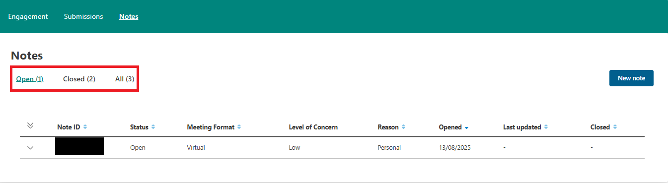 Screenshot of student notes section.