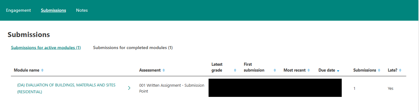 Screenshot of student page submissions.