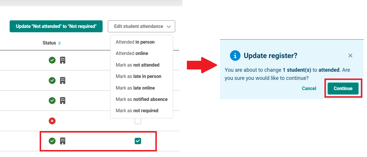 A screenshot showing how to manually update an attendance register