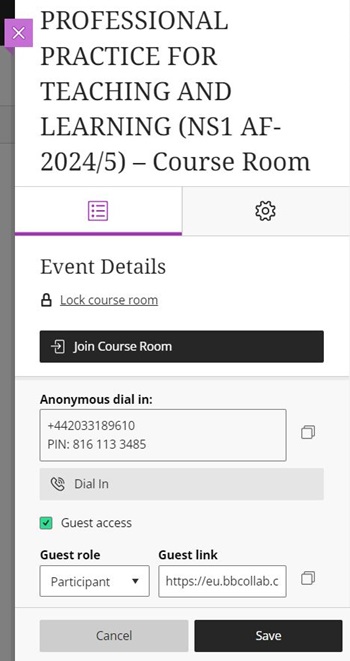 Collaborate session settings with guest link option