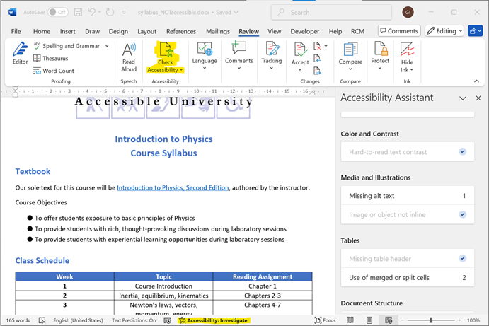 Screenshot highlighting Accessibility Assistant in Word