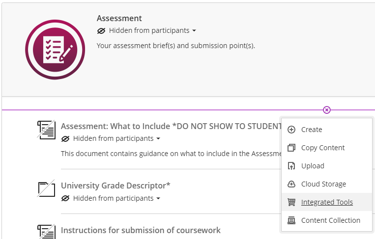 A screenshot of selecting the Integrated Tools option in the Add content menu in Blackboard Ultra