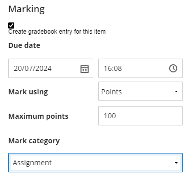 A screenshot of the Marking section of PebblePad LTI link settings