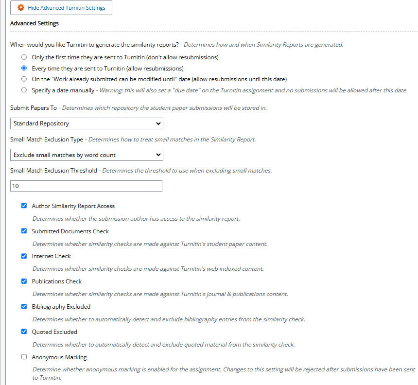 advanced turnitin settings