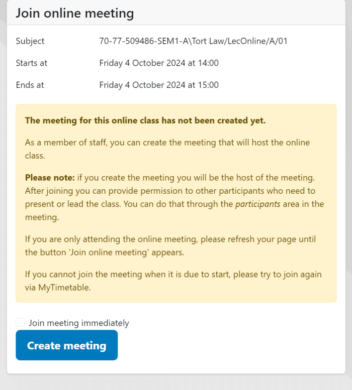 Timetable create meeting message