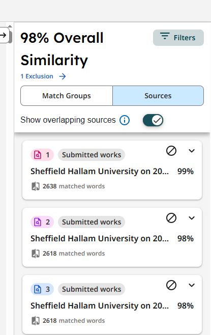Screenshot of source list in Turnitin reports