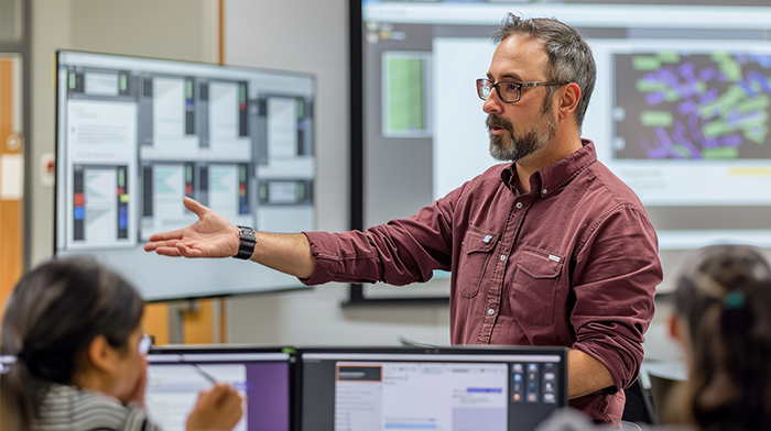 A male teacher gesturing towards an engaged class. There are desktop PCs in the foreground and a projected computer screen in the background.