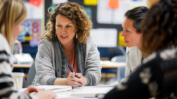 A small group of adults in a classroom, discussing something important. 