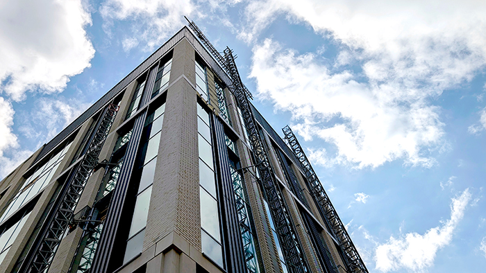 One of the new university buildings, with scaffolding outside.