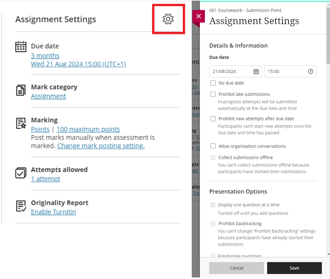 Screenshot of assignment settings
